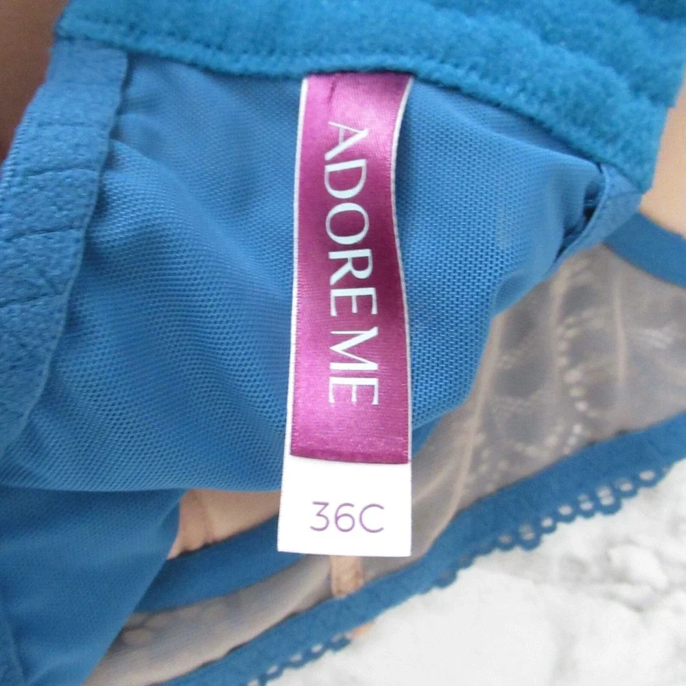 Adore‎ Me Bra 36C Blue Lace Heart Embroidered Push Up Underwire Back Closure